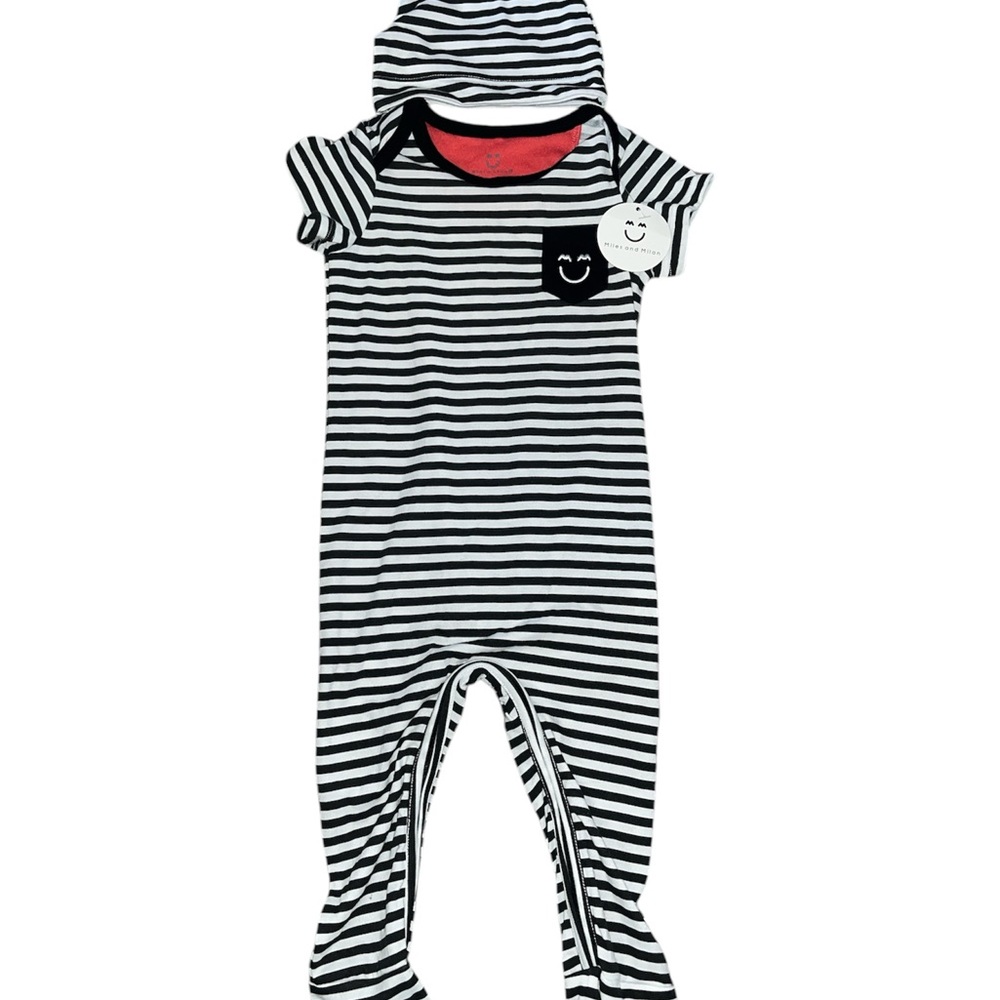 Miles and Milan Black and White Striped Bodysuit with Hat
